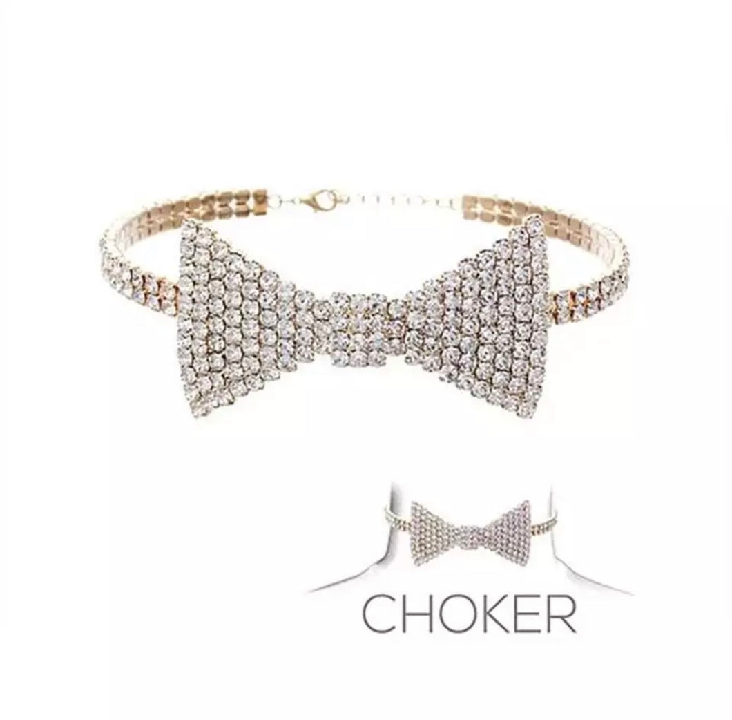 Rhinestone Gold Bow Tie Choker